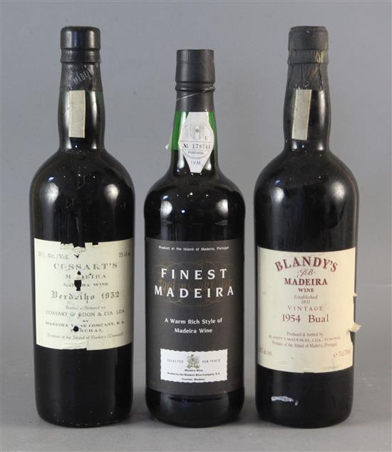 One bottle of Finest Madeira, one bottle of Blandys Madeira Vintage Bual, 1954 and one bottle of Cossarts